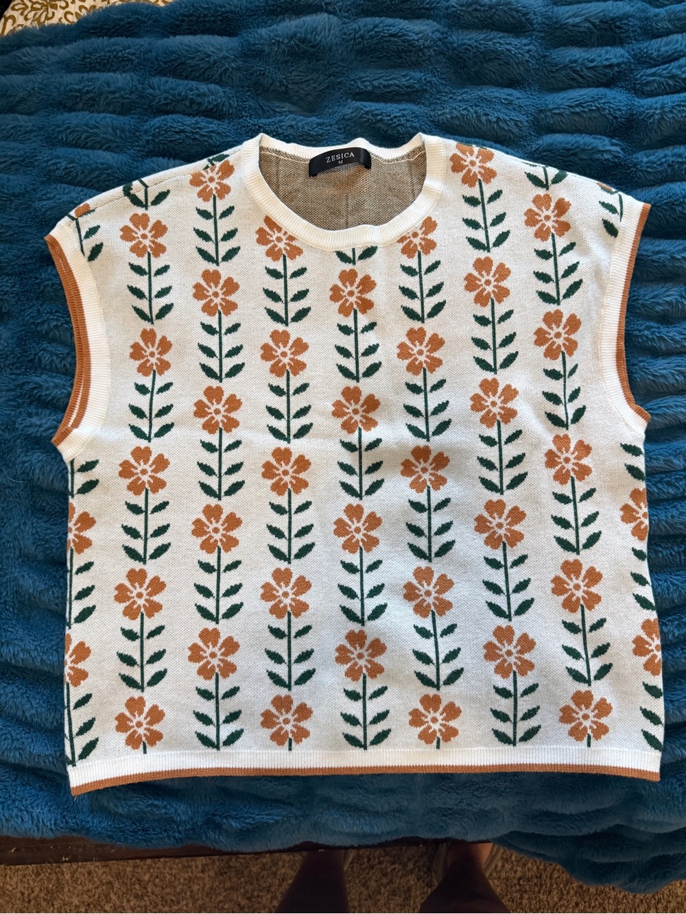 Zessica Cream Floral Knit Tank with Orange Flowers